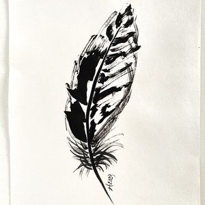 Feather Free Original Painting Ink on Rice Paper Matted 11x14in Frame Ready